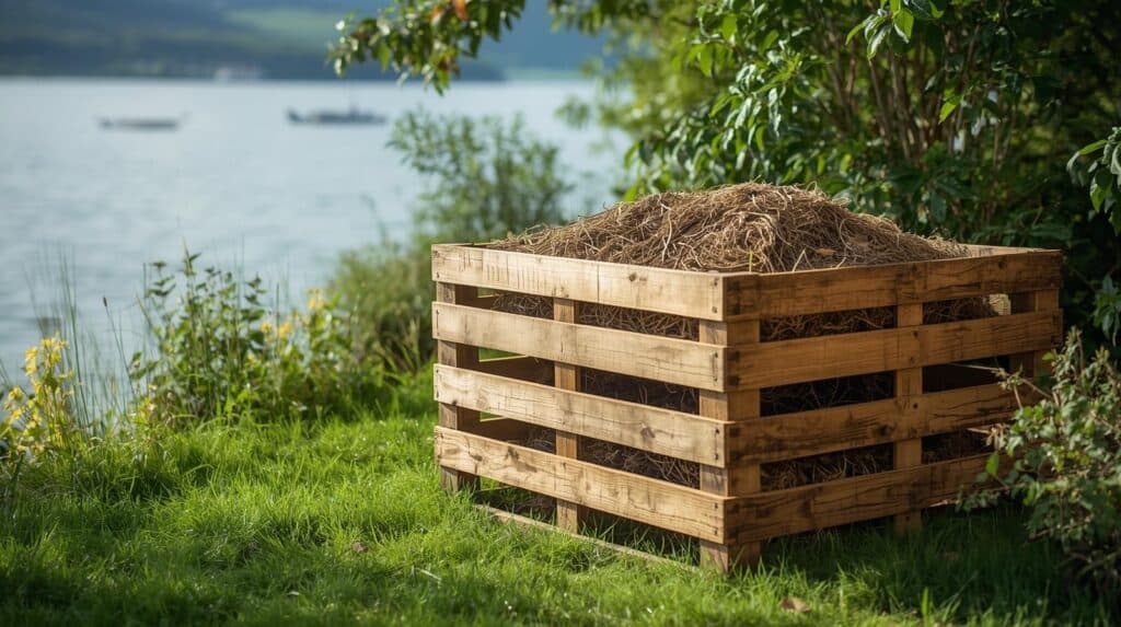 Raklapból készült komposztáló tele szalmával, a Balaton partján. Környezetbarát zöldhulladék kezelés.